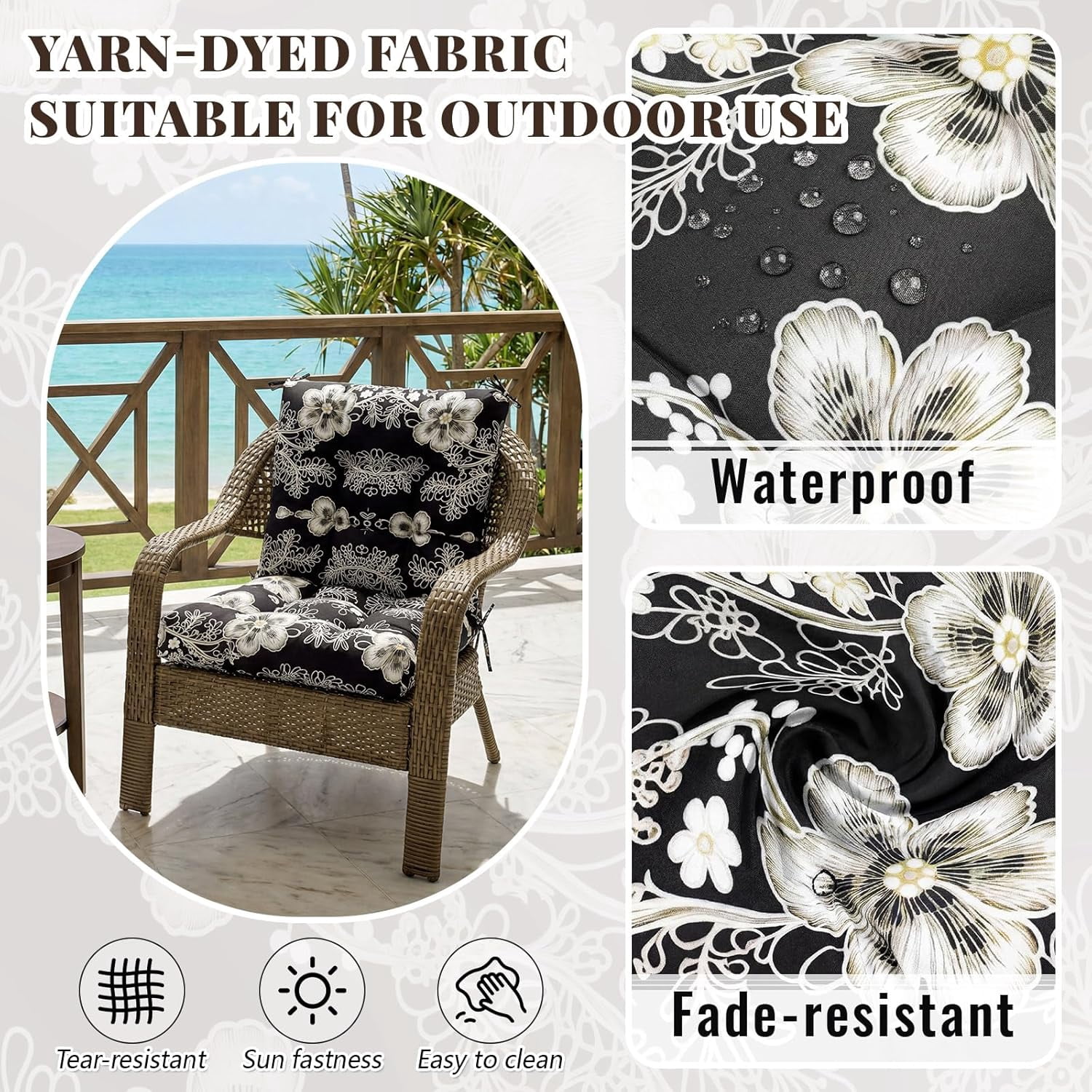 4 Pcs Outdoor Indoor High Back Chair Cushions Patio Furniture Tufted Pillow with Ties Water-Resistant Replacement Outdoor Rocking Chair Cushions, 42 x 21 Inches (Black,Flower)