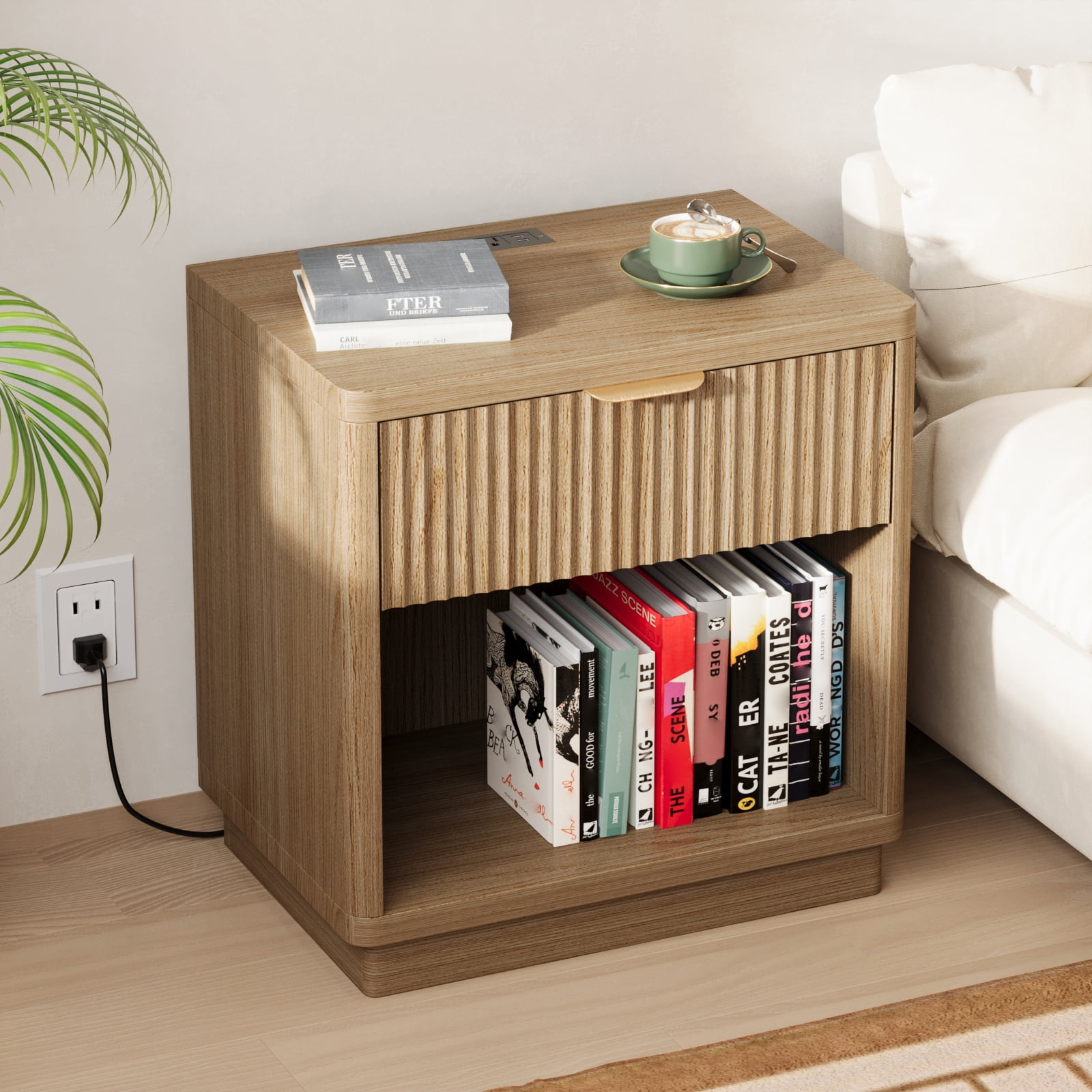 Pusnapku Fluted Night Stand, 22" Farmhouse Bedside Table with Charging Station, Curved Design Wood End Table with Drawer, for Living Room, Bedroom