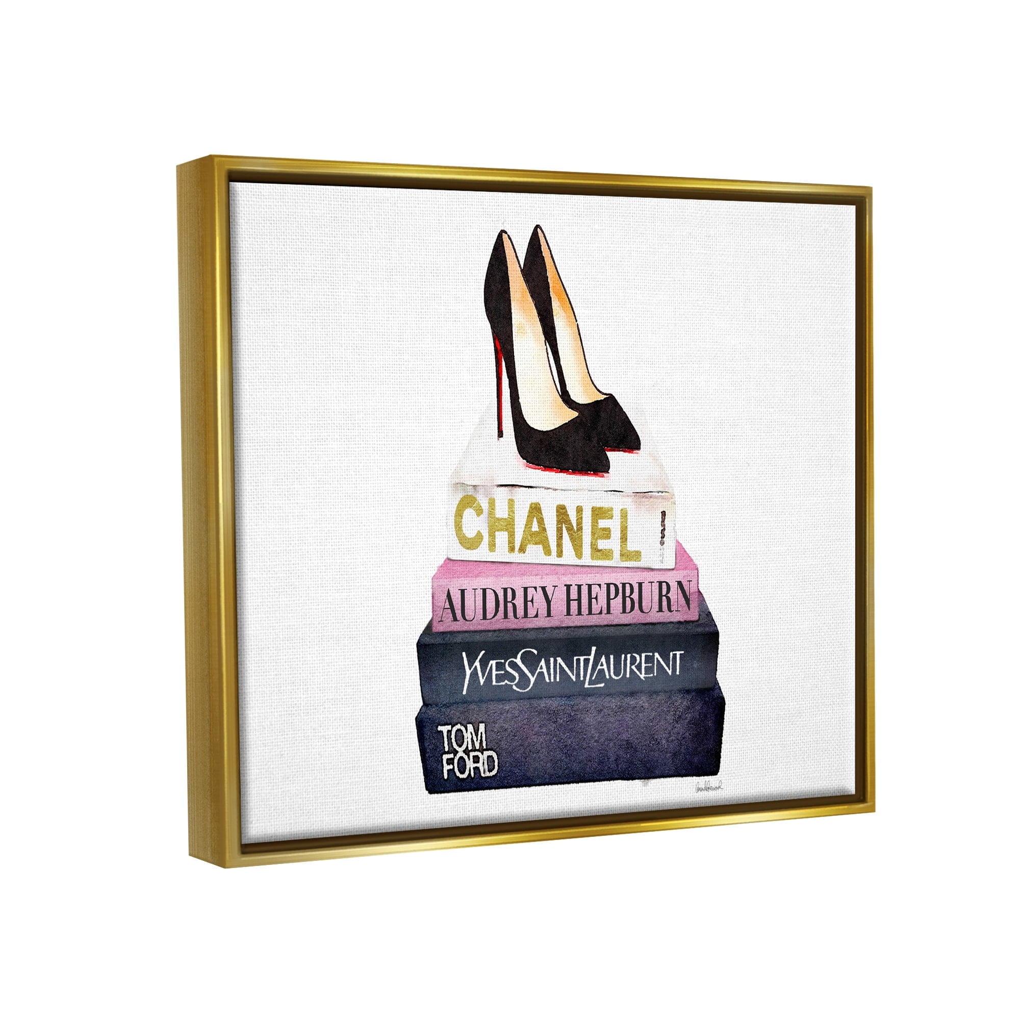 Stupell Industries Glam Fashion Book Set Black Pump Heels Metallic Gold Framed Floating Canvas Wall Art, 24x30, by Amanda Greenwood
