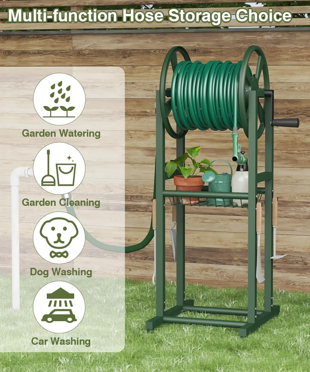 Freestanding Garden Hose Reel holds 125ft Hose of 5/8" with 4 Hooks, 4-Spike Outdoor Hose Holder with 3.9ft Leader Hose & Brass Fitting, Detachable Metal Hose Stand with Storage Rack, Green