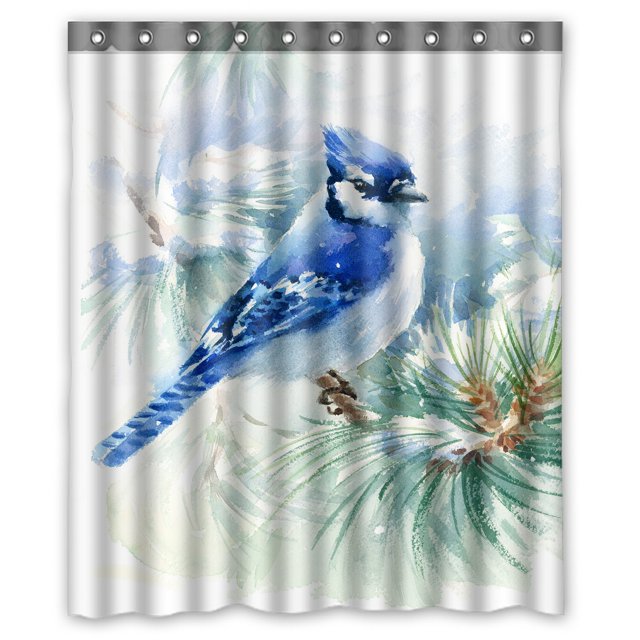 Cortina de Ducha ABPHQTO Acuarela Pájaro Azul Arrendajo Invierno Navidad Impermeable 150x180 cm