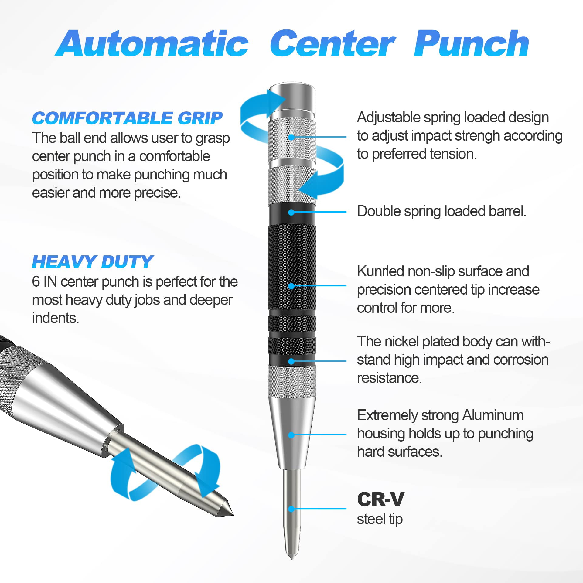 Automatic Center Punch 5 Inch Adjustable Spring-Loaded Tool Center Punch  Set Tension Punch Tool for Metal for Metal Wood Plastic Glass and Marble