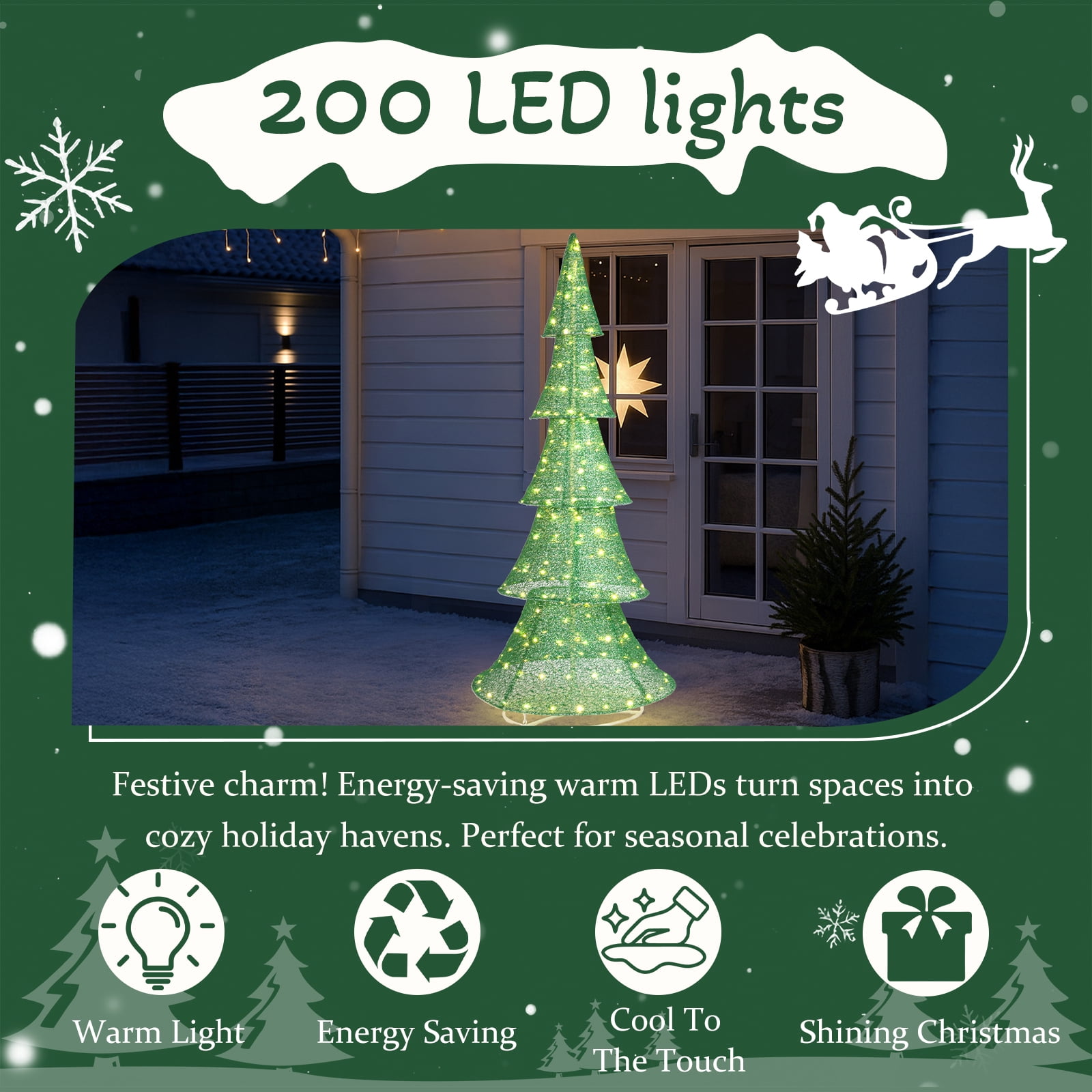 Astoutdoor Lighted Christmas Tree, 6 ft Pre-Lit Pull-Up Tree with 200 Warm White LED Lights, White, Indoor Outdoor Holiday Decoration