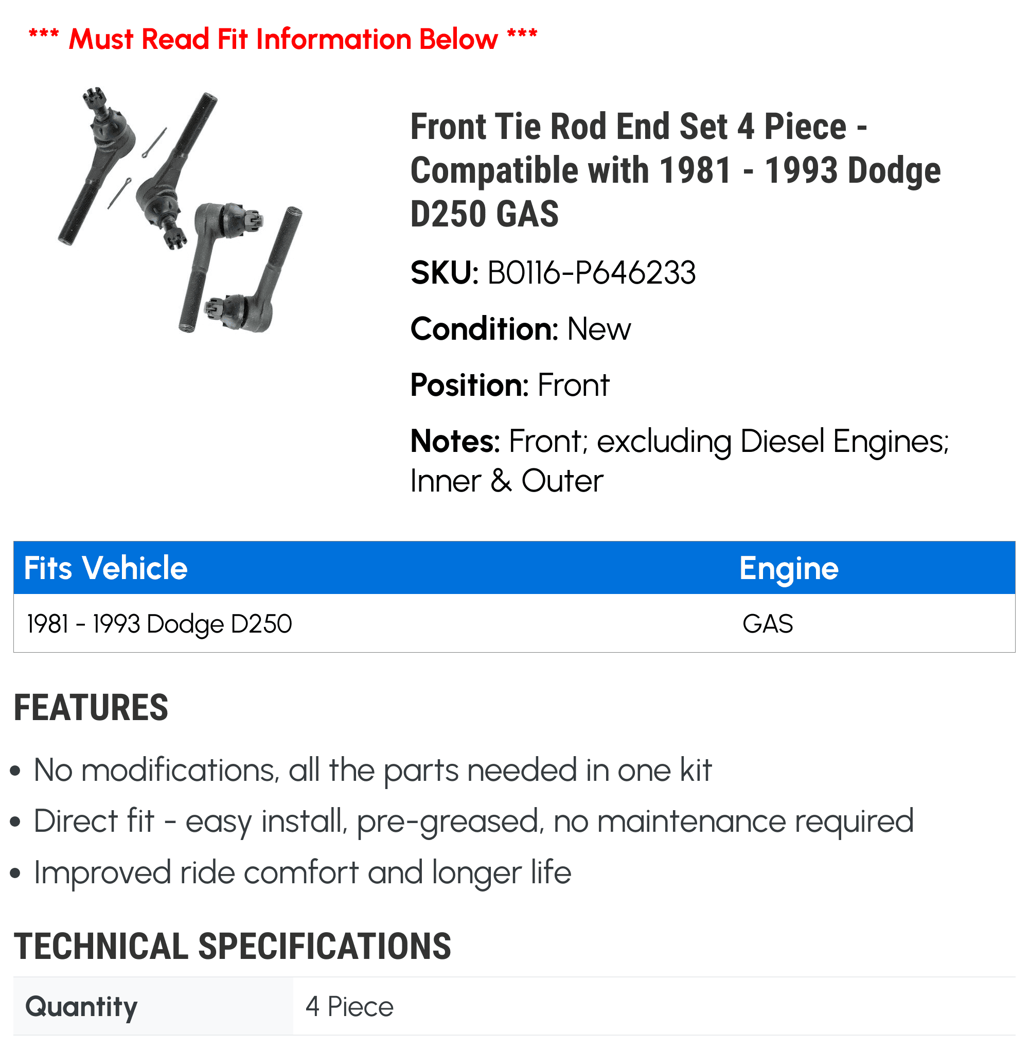 Front Tie Rod End Set 4 Piece - Compatible with 1981 - 1993 Dodge D250 GAS 1982 1983 1984 1985 1986 1987 1988 1989 1990 1991 1992