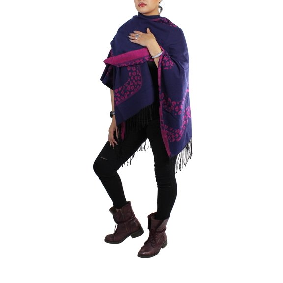 Leopard Print Two Tone Open Front Ruana Wrap Purple and Fuchsia