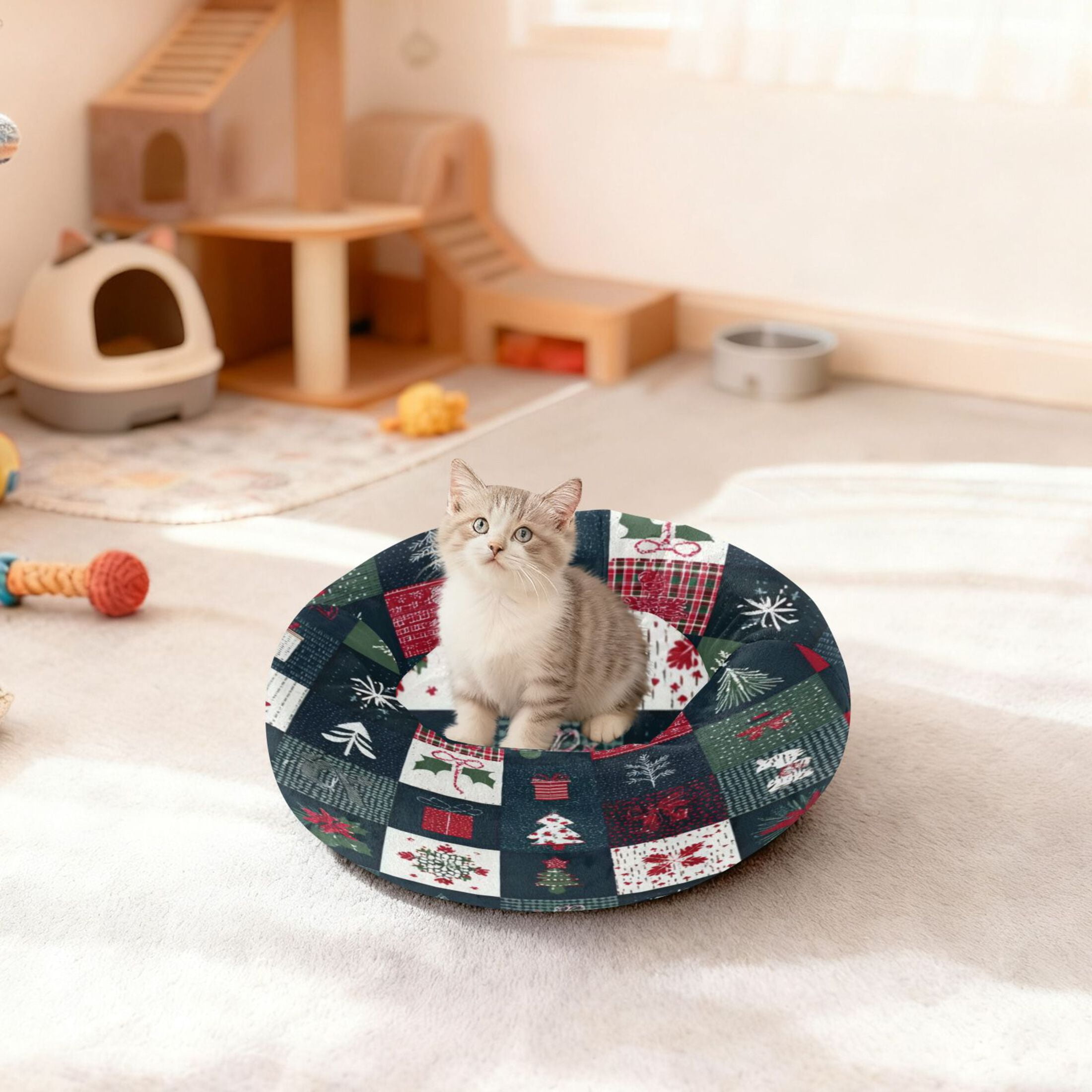 Iauyy Pet Couch Donut Cat Bed for Indoor Cats/Small Dogs Washable & Machine with Non-slip Bottom Calming Cat Furniture, Three-color Christmas Symbol (M)