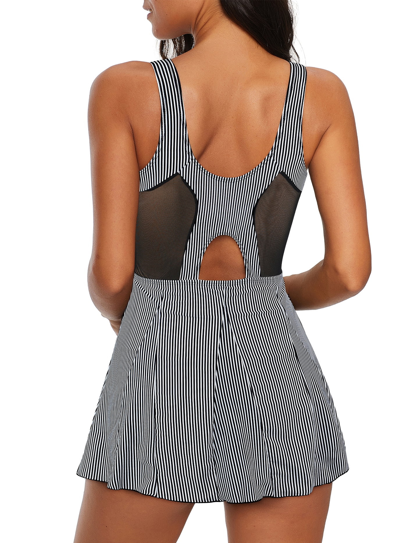 Zando Women's One Piece Bathing Suit Tummy Control Swim Dress with Skirt Swimming Suits for Women Black White Striped M