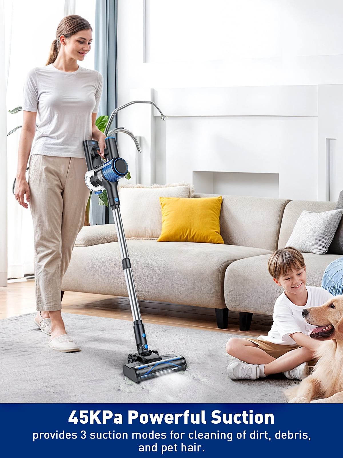 Cocbny Cordless Vacuum Cleaner,Self Standing 30Kpa 8 in 1 Lightweight Stick Vacuum, Anti-Tangle Vacuum, 40mins Runtime Rechargeable Vacuums for Home, Hardwood Floor, Carpet, Pet Hair, Blue