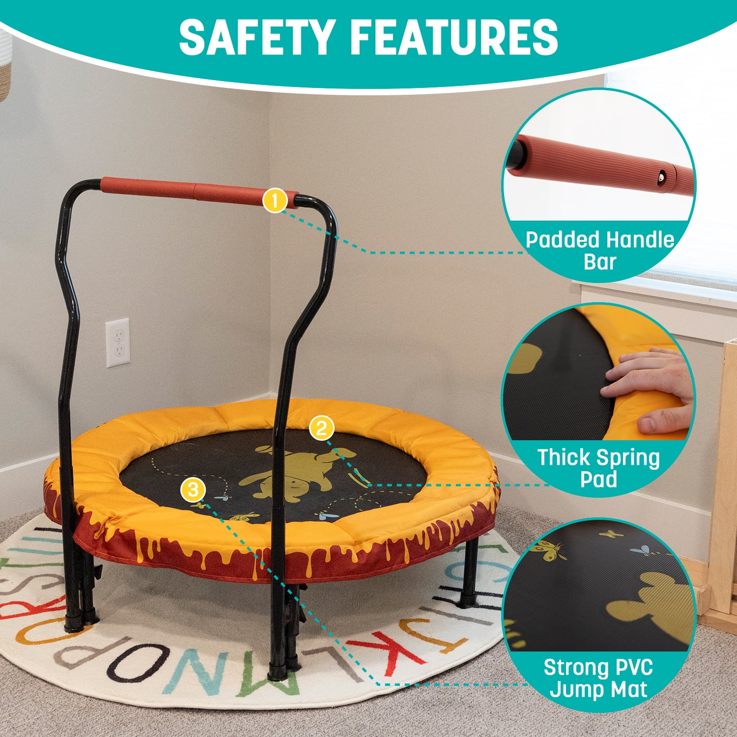Skywalker Trampolines 36" Mini Trampoline for Kids & Toddlers - No-Spring Design with Adjustable Handlebar, Foldable for Easy Storage, Indoor/Outdoor Use
