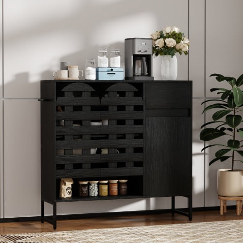 Buffet Cabinet for Dining Room Modern Farmhouse, Storage Sideboard with Adjustable Shelves Woven Arched Doors and Drawer, for Living Room Entryway Hallway Kitchen Organization, Black Accent Cabinet