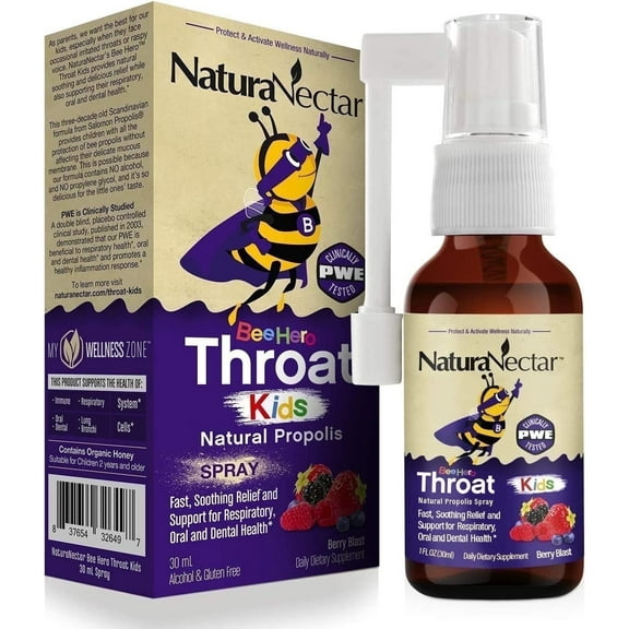 NaturaNectar BeeHero Propolis Throat Spray for Kids, Soothing Throat Health * Support, Berry Blast Flavor 30 ml