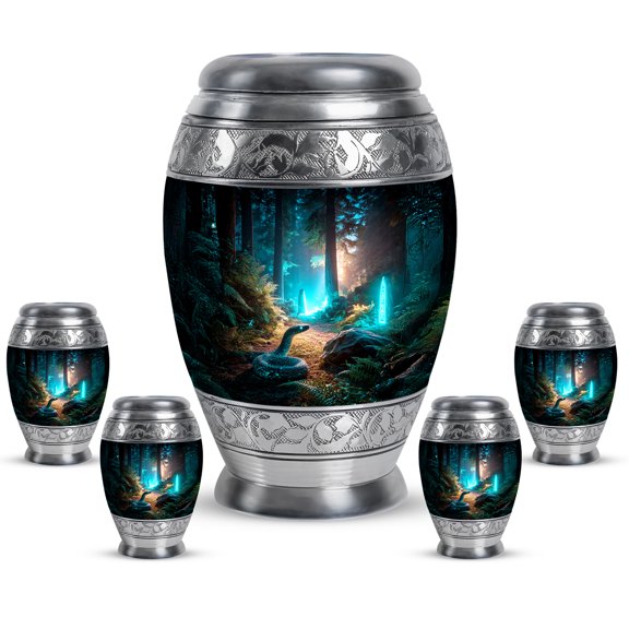 JAGASY Snake Urn for Ashes for Couples - 3 Inch Blue Keepsake Urns for Husband & Wife - 10 Inch Decorative Forest Urns for Loved One - Miniature Urn for Female Cremation - (1 Large, 4 Small)