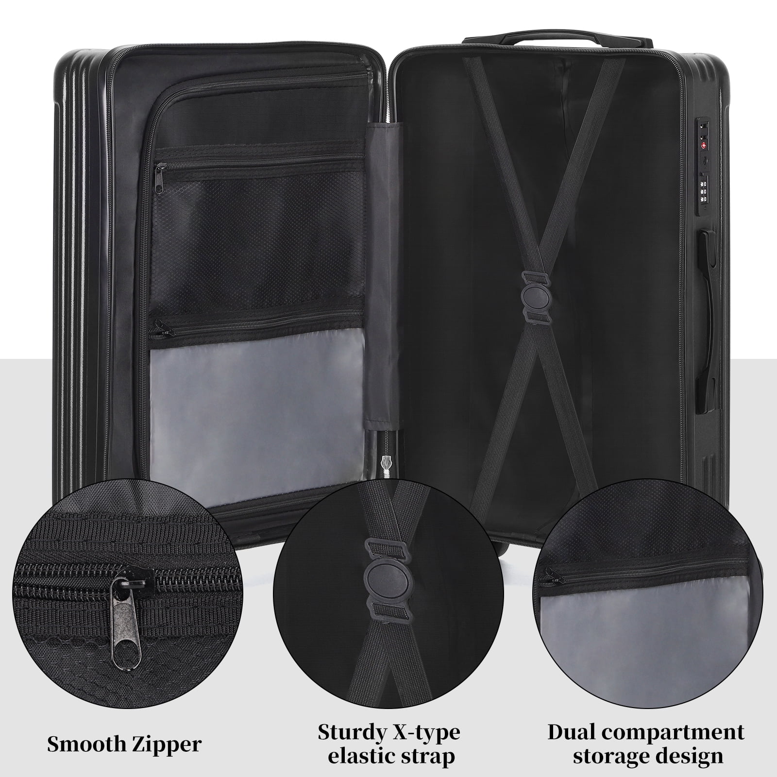 3 Piece Hardside Luggage Set, Hardshell Lightweight Suitcase with Duffel Bag, Double Spinner Wheels, USB Port, Cup Holder, TSA Lock ,Side Hook 20in24in28in.(Black)