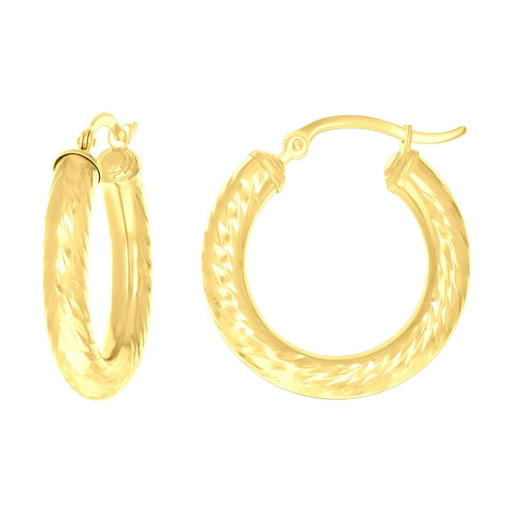 14k Yellow Gold Womens Round Tube Diamond-cut Patterned Fancy Hoop Earrings 4mm-25 Jewelry Gift for Women