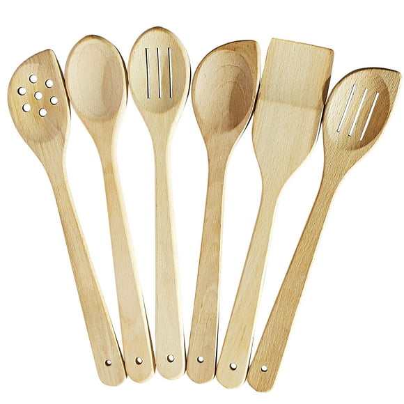ECOSALL Healthy Wooden Spoons For Cooking Set of 6. Safe and Reliable Cooking Utensils for Kitchen - 100% Natural Nonstick Wood Spatula Spoon For Scraping, Stirring, Serving - Uncoated Solid