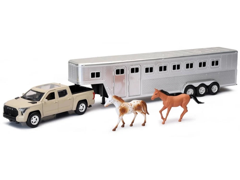 Toyota Tundra Pro Truck Beige with Trailer Chrome and Horse Figures "Long Haul Truckers" Series 1/32 Die Cast Model by New Ray