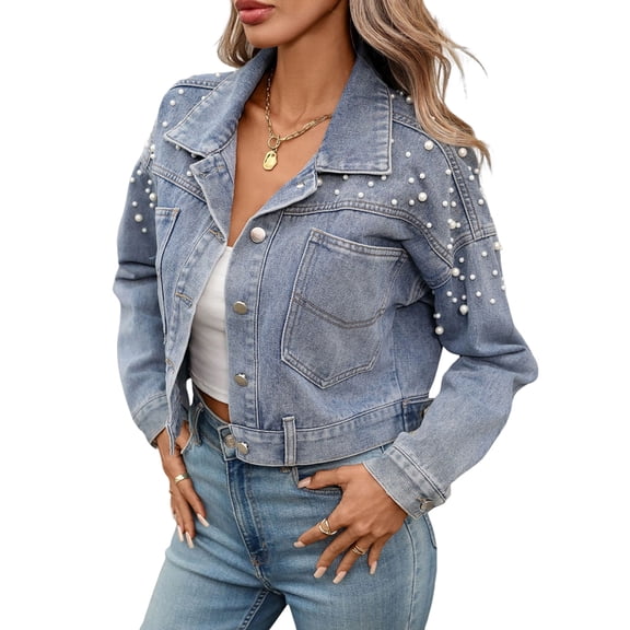 Women Oversized Denim Jacket Embroidered Beading Jeans Coat Blue S
