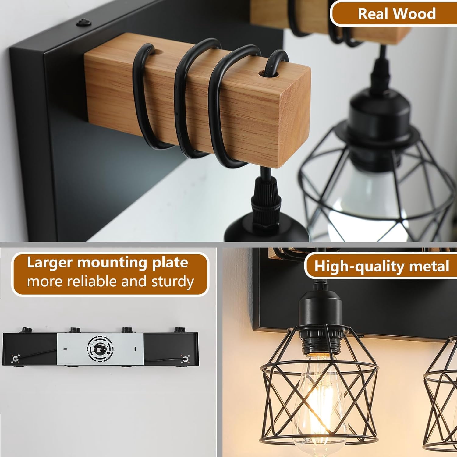 Farmhouse Vanity Light Fixture,6-Light Bathroom Lighting,Black Industrial Wood Wall Light Over Mirror with Metal Shade,LED Bulbs Not Included