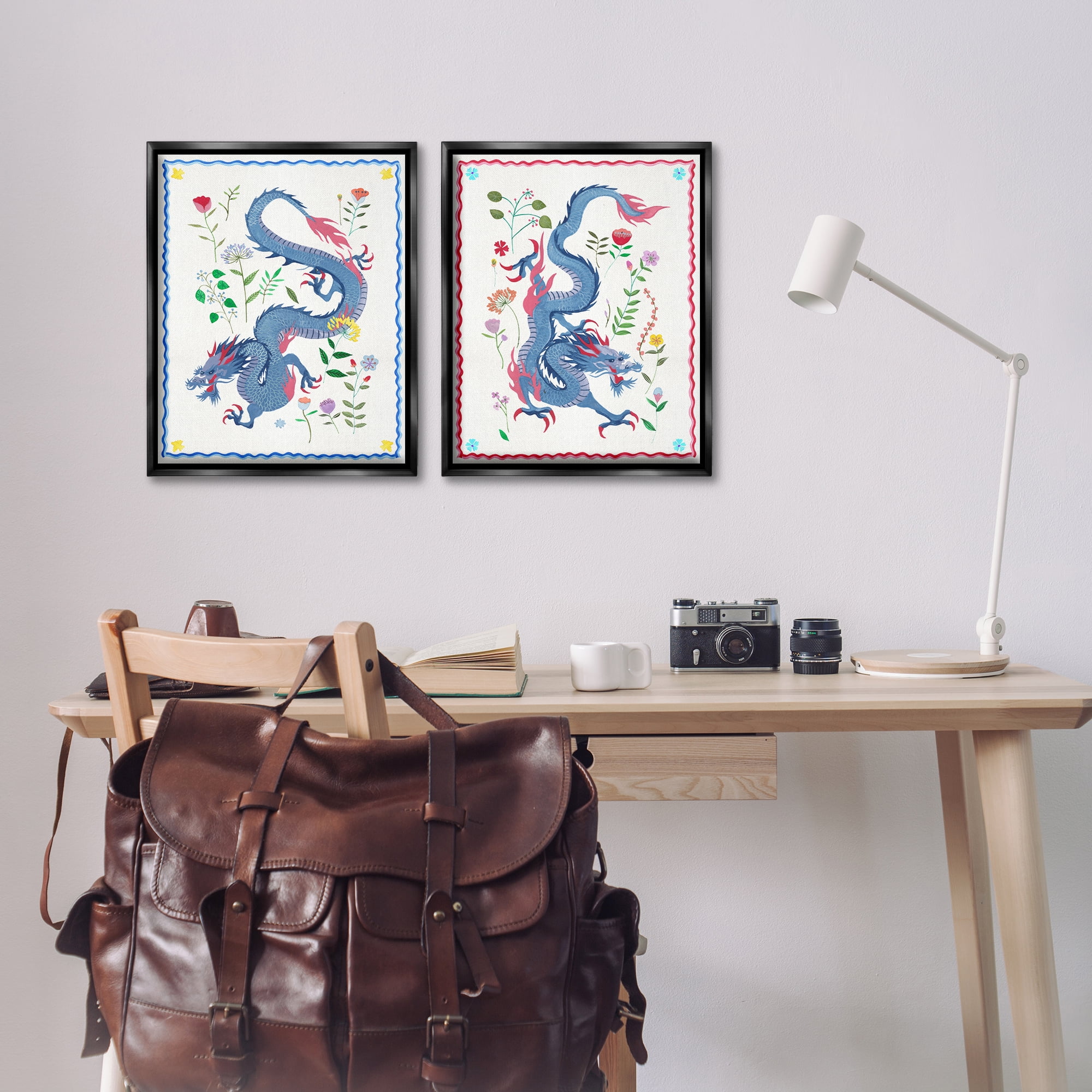 Stupell Industries Dragons with Flower Details Fantasy & Sci-Fi Painting Black Floater Framed Canvas Art Print Wall Art, 17 x 21, Set of 2
