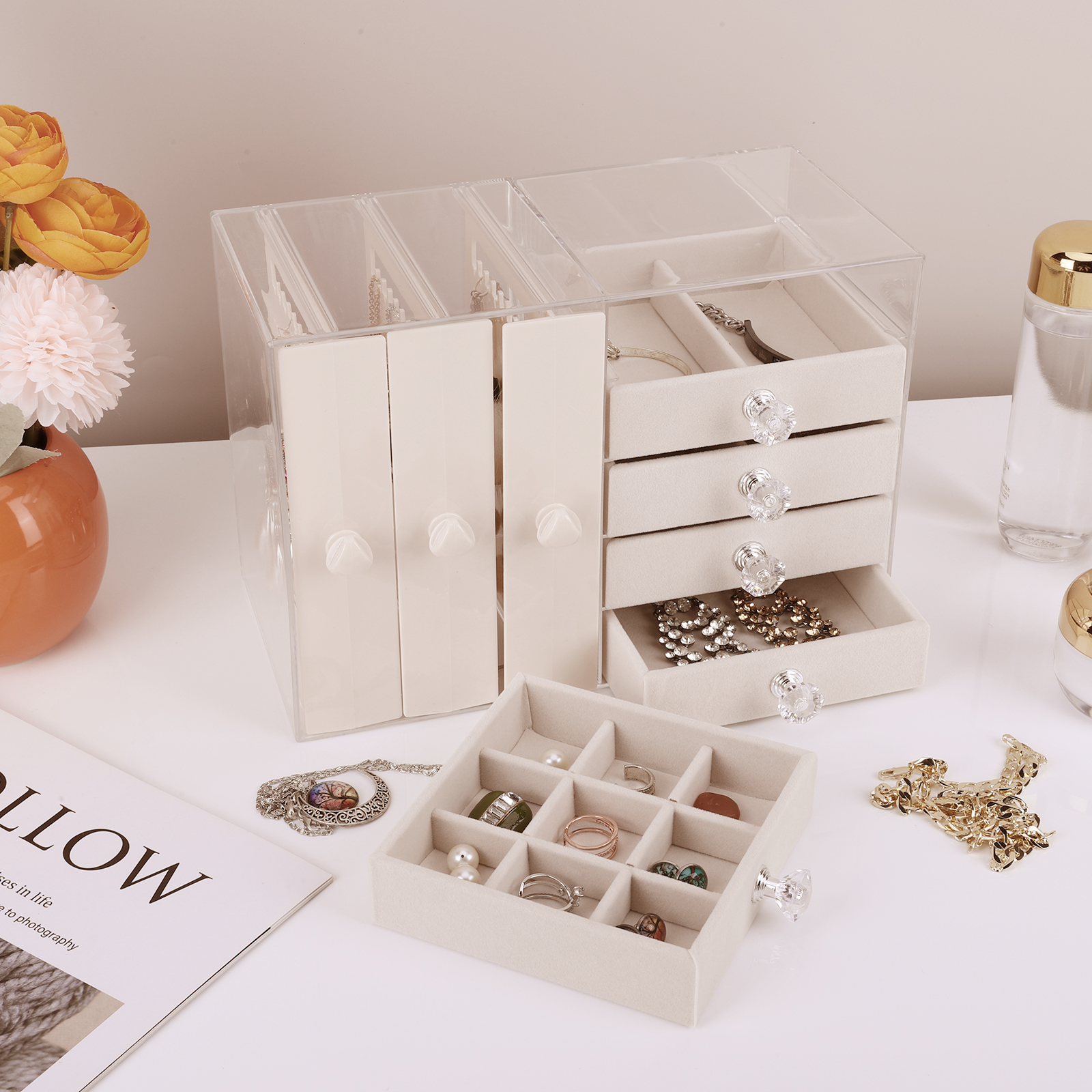 Btidfty Jewelry Organizer Stand Multifunctional Necklace Display Holder with 4 Drawer Jewelry Holder Box Large Capacity for Bracelets Earrings Rings
