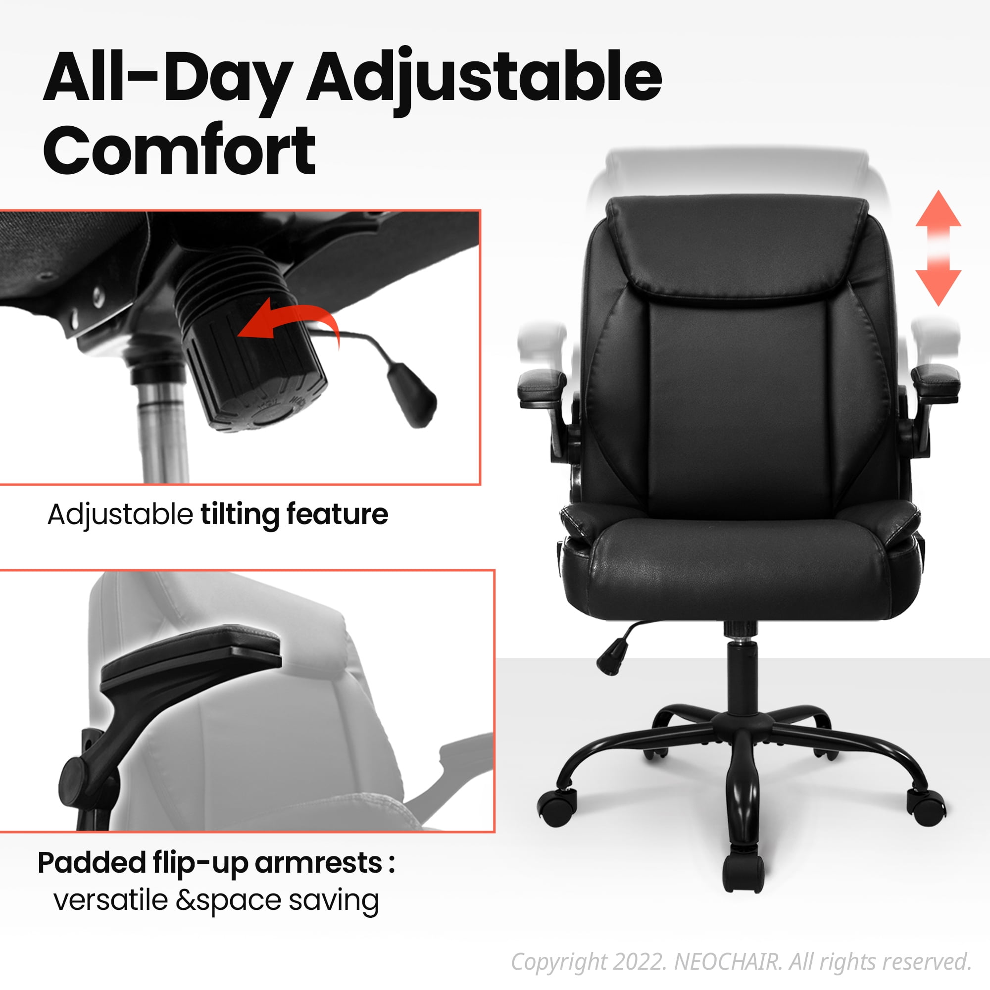 NEO CHAIR Leather Office Chair, Ergonomic PU Mid Back Executive Desk Chair with Flip-up Arms, Jet Black