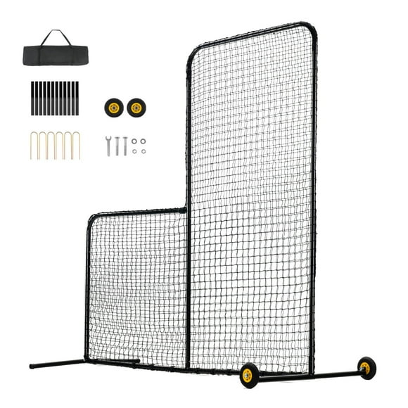 KFFKFF L Screen for Baseball, 7x7 ft Softball Protective Screen, Mobile Batting Screen with Bag, Wheels, and Ground Stakes, Durable Pitcher's Safety Net
