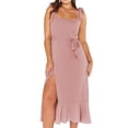 thumbnail image 1 of Vestido largo de dama de honor elegante de verano rosa para mujer, cuello cuadrado, volantes, sin mangas, informal, dividido, largo, 1 of 7