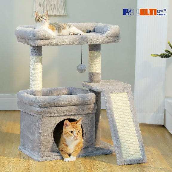 PEQULTI Small Cat Tree Tower for Indoor Cats Scratcher with Top Perch and Private Cat Condo Gray