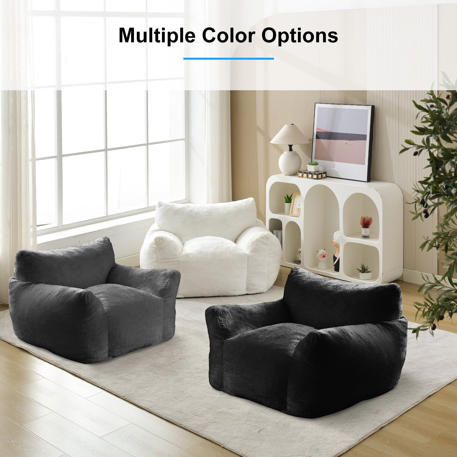Puremind Bean Bag Chair for Kids and Adults, Oversized Bean Bag Couch with Ottoman, Faux Fur Lazy Sofa Chair for Living Room/Apartment/Bedroom, Beige