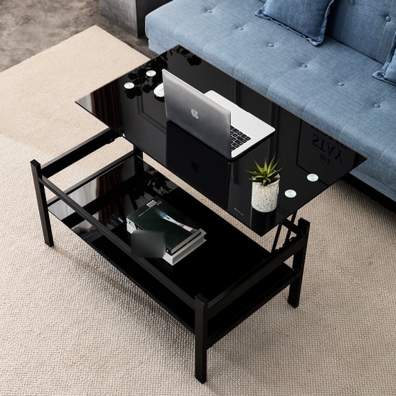 Modern Living Room Coffee Table, Black Tempered Glass With Lift Function, Has Ample Storage And Metal Tube Top Style For Room, Plentiful Robust Support
