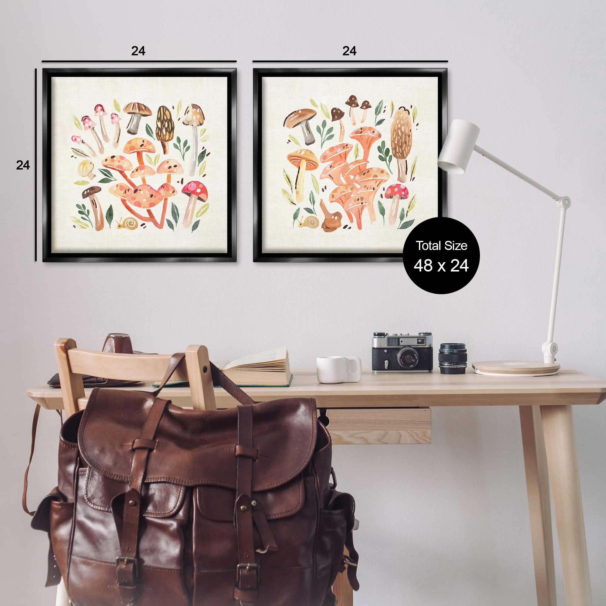 Stupell Industries Mushroom & Leaves Pattern Botanical & Floral Painting Black Floater Framed Canvas Art Print Wall Art, 25 x 25, Set of 2