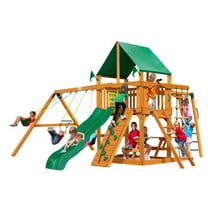 Gorilla Playsets Navigator Wooden Swing Set with Green Vinyl Canopy, Monkey Bars, and Rock Climbing Wall