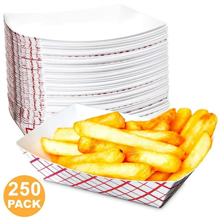 0.5 lb Heavy Duty Disposable Red Check Paper Food Trays Grease Resistant Fast Food Paperboard Boat Basket for Parties Fairs Picnics Carnivals, Holds Tacos Nachos Fries Hot Corn Dogs [250