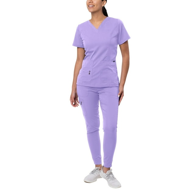 Adar Pro Flawless Plus Scrub Set For Women - Elevated V-Neck Top & Jogger Scrub Pants - P9600 - Lavender - L