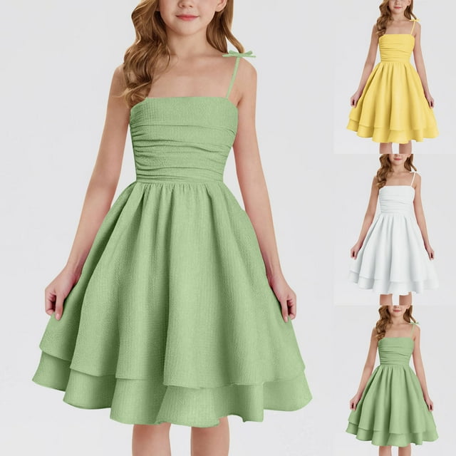 Milgrthf Robe d'Été à Carreaux pour Filles, à Volants, Manches Courtes, Coupe Évasée, Midi, Décontractée, Plage, Robe Soleil pour Enfants et Ados 4-15 Ans Vert Menthe 3 Ans