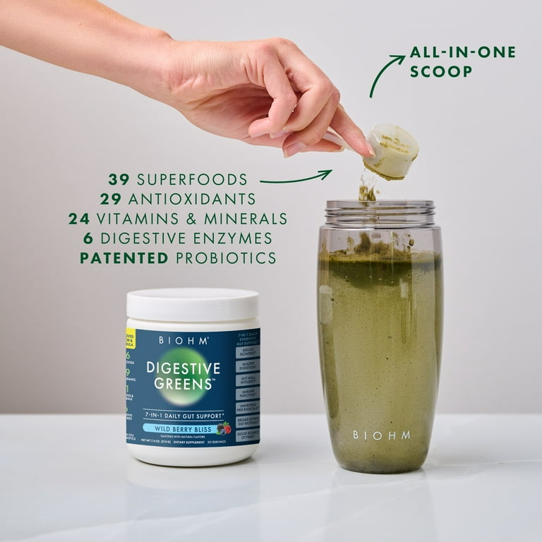 BIOHM Digestive Greens Powder with Probiotics, Mixed Berry Flavor