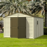 DuraMax 10.5ft x 13ft Woodbridge Plus Plastic Vinyl Outdoor Shed w/ Foundation Kit & Window
