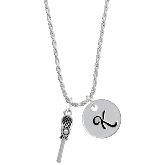Delight Jewelry Silvertone 3-D Lacrosse Stick and Ball Silvertone Script Initial Disc - K - Charm Necklace, 20"+3"