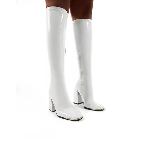 Tejiojio Clearance Woman's Head Thick Heel Bright Leather High Heel Boots Side Zipper Middle Boots