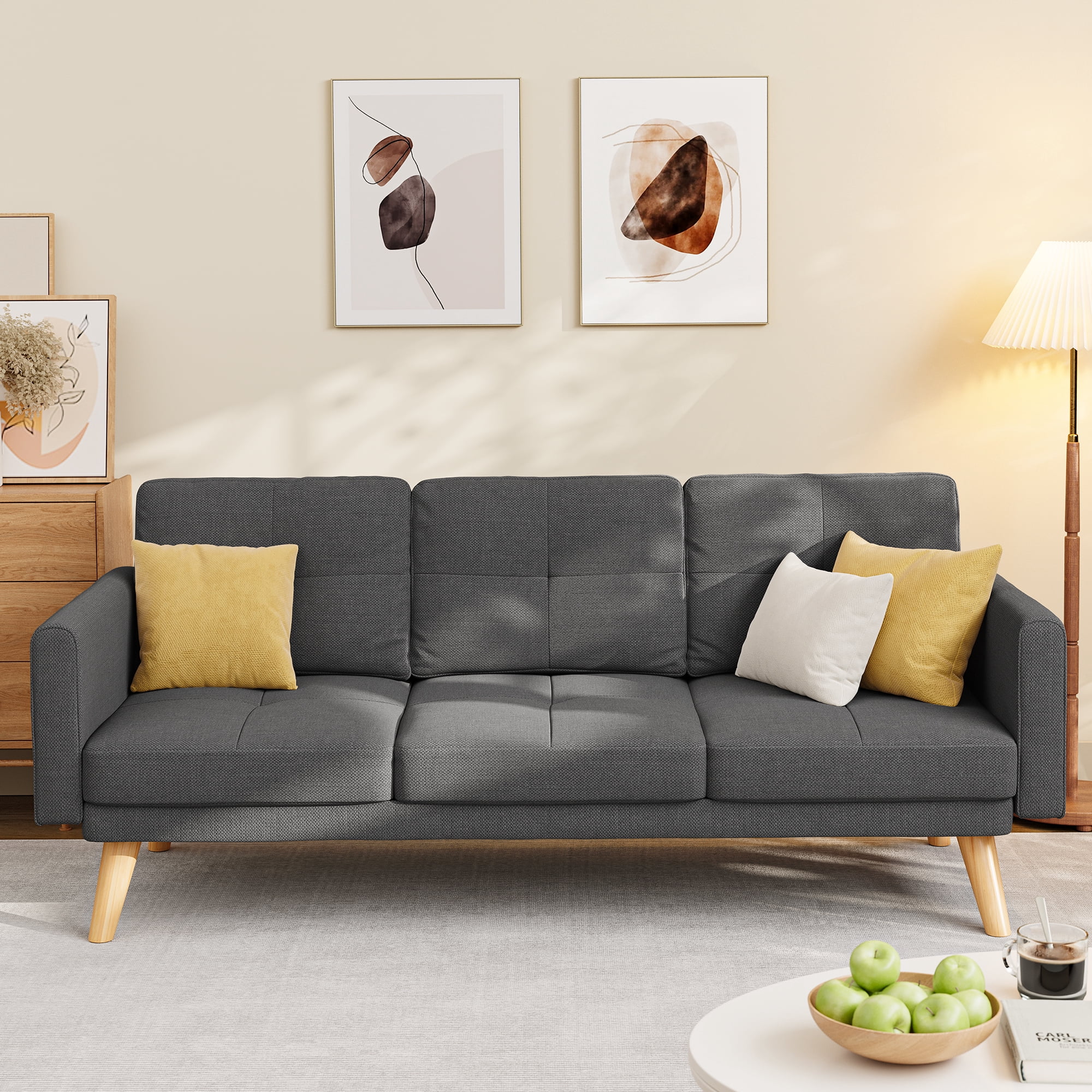 Sofa Couch with Soft Armrest，Asofer Small Loveseat Sofa with 3 Cozy Pillows for Office，Small Spaces, Gray、Dark Gray