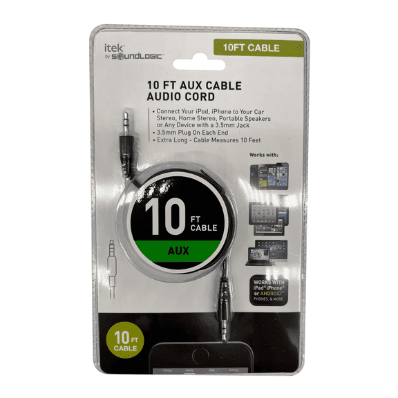 10 Ft Audio Aux Cable, 3.5mm Male to Male Stereo Jack Cord for iPhone, iPod, Car Stereo, Speakers, Long Length for Convenient Device Connections, Clear Sound Quality, Durable Audio Cord, Black