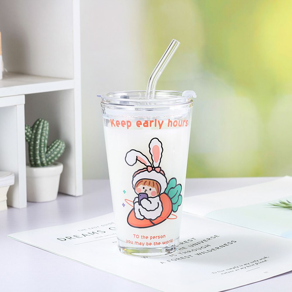 Kawaii Flower Glass Cup With Lid Straw Cute Orange Coffee Mug Milk