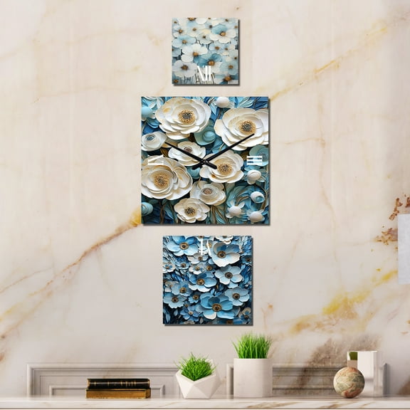 Designart "Zen Garden of Minimalist Blue and White Pansies" Pansies Extra large Clock For Office Décor - Large Traditional Wall Clock - Oversized Blue Wall Clock - Set Of 3
