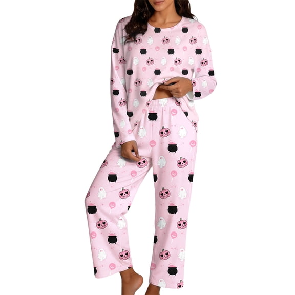 WERYOUNG Halloween Pajamas For Women Set Pumpkin Prints Long Sleeve Tops Pants Ladies Fall Winter Soft Cozy Loungewear,Size L