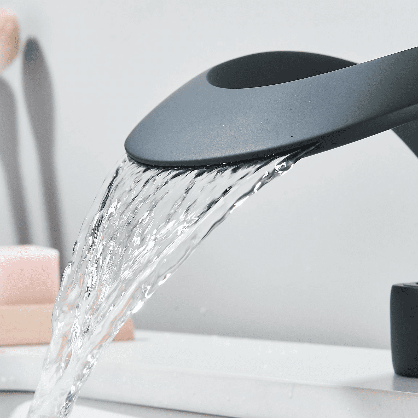 Zovajonia Matte Black Waterfall Bathroom Sink Faucet Round Single Handle One Hole Vanity Basin Single Deck Mount Creative Hollowed Body Design