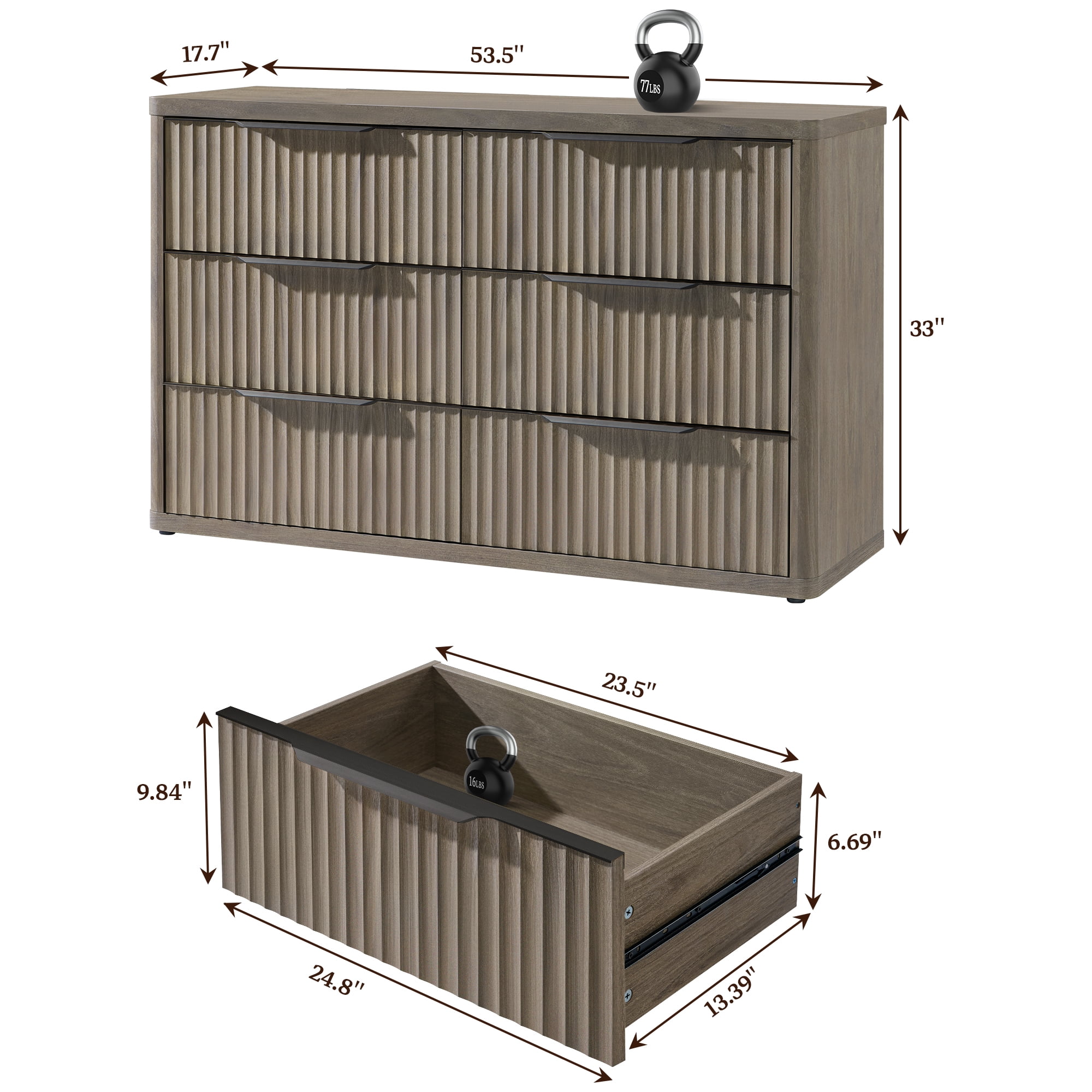 SICOTAS 53.5" Wide 6 Drawer Dresser for Bedroom Set of 2, Farmhouse Chest of Drawers with Black Handles, Fluted Wood Storage Cabinet for Living Room, Grey Alder