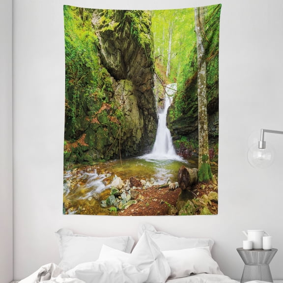 Waterfall Tapestry, Waterfall in Spring Season like Winter in Bulgaria with Trees and Bushes, Wall Hanging for Bedroom Living Room Dorm Decor, 60W X 80L Inches, Green and White, by Ambesonne