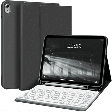 Aoub iPad 10th Generation Keyboard Case with Pencil Holder, Magnetic Detachable Wireless Bluetooth Folio Stand Rechargeable Keyboard Cover for iPad 10th 10.9 inch A2696 A2757 A2777, Black