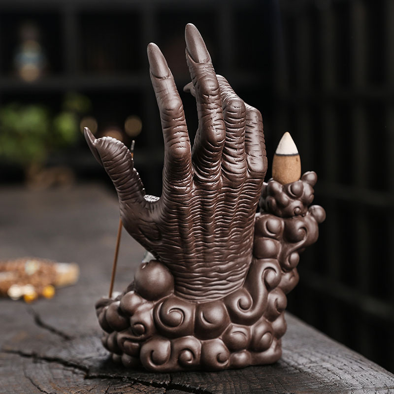 Buddha Hand Series Backflow Incense Burner Skull Incense Waterfall Holder Smoke Indoor Creative LED Ceramic Incense Cone Incense Burner Decoration Incense Burner Ornamen for Home Office Yoga Temple