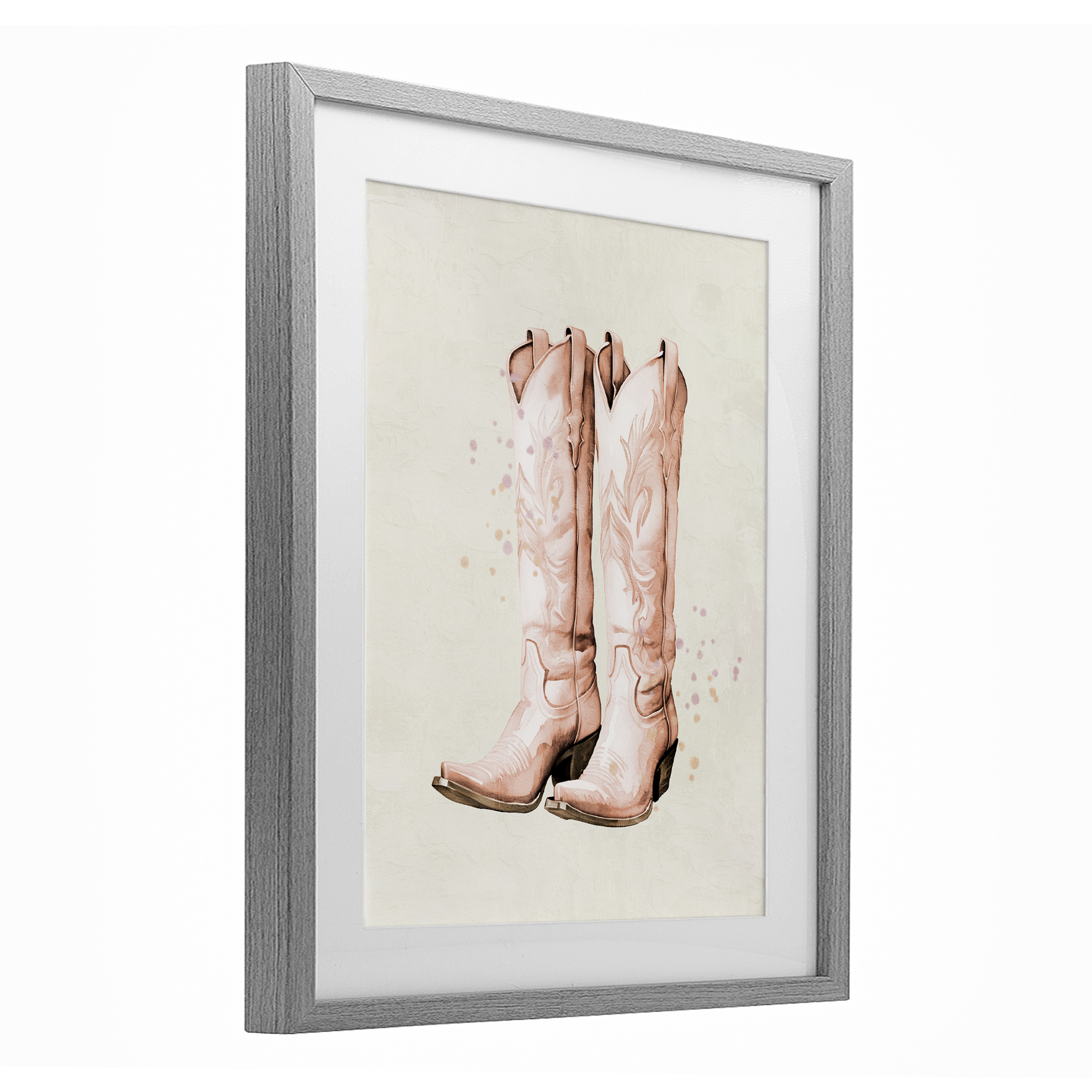 Howdy Cowgirl Pastel Boots Gray Framed Print Under Glass, design by Kim Allen
